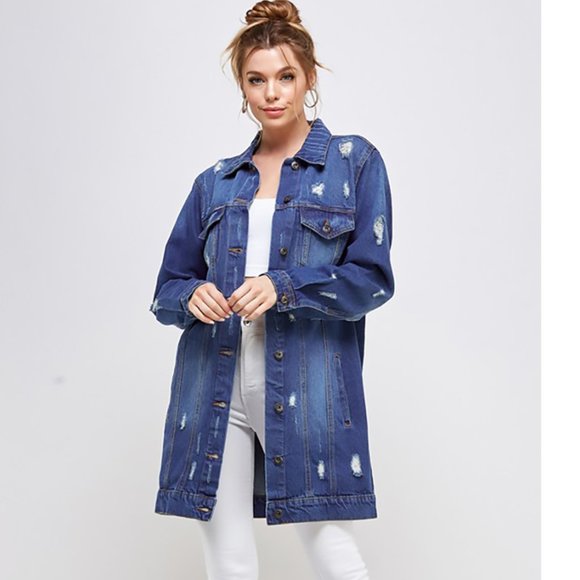 Jackets & Blazers - NWT Dark Blue Long Distressed Denim Jacket, Pockets, 100% Cotton, Thigh Length